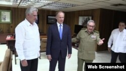 Díaz-Canel, Patrushev y Raúl Castro.
